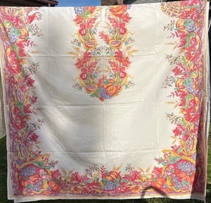 Vtg Thanksgiving Harvest Cotton Tablecloth With Autumn Fruits & Leaves Fall - Picture 1 of 9