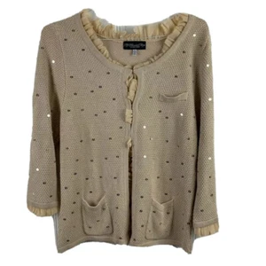 Colleen Lopez Mujer Cárdigan Suéter Beige Manga 3/4 Lentejuelas Volantes XL Nuevo - Imagen 1 de 9