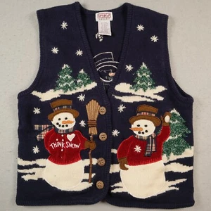 Vintage Christmas Cardigan Vest Women's Small Snowmen Winter Blue PBJ - Picture 1 of 11