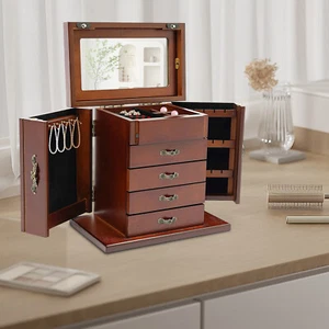 5 Layer Vintage Wooden Jewelry Box Organizer Necklace Rings Case Storage Cabinet - Picture 1 of 17