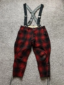 Vintage 60s 70s Wool Pants Red Tartan Plaid Trousers Suspenders Mens Handmade - Picture 1 of 8