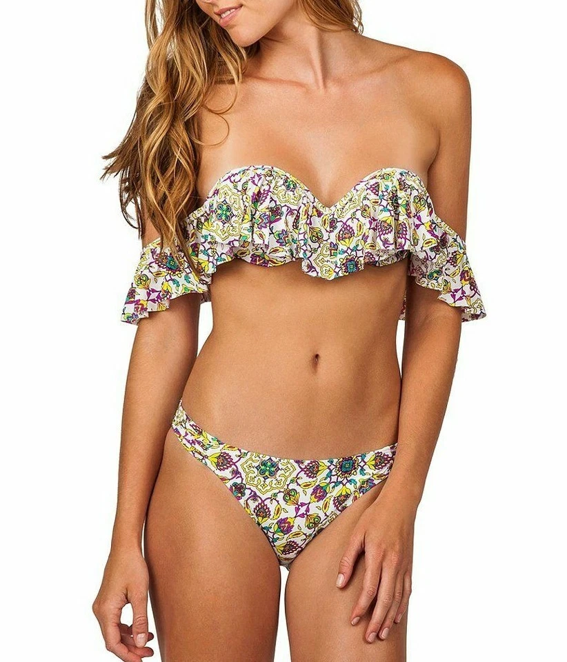 Radio Fiji Womens off Shoulder Bikini Swimsuit White Floral Small Medium