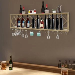 New Wall-Mounted Wine Rack with Wine Glass Rack Metal Wine Storage Display Shelf - Picture 1 of 21