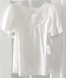 NWT White Loft Crochet Yoke Top Flutter Short Sleeve Blouse Boho Sz Medium - Picture 1 of 4