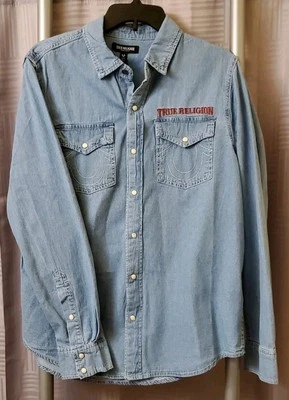True Religion Denim Chambray Western Shirt Mens Small Pearl Snap Long Sleeve NWT - Image 1 of 4
