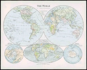 1903 Original Antique Colour Map WORLD HEMISPHERES OCEAN CURRENTS (2) - Picture 1 of 1