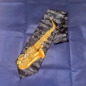 Rene Chagal men's handmaid SILK neck tie Saxaphone Music notes - Picture 1 of 6