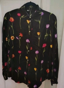 Vtg Ishyu 100% Silk Colorful Black Floral Long Sleeve Blouse Women's Size 6 Flaw - Picture 1 of 12