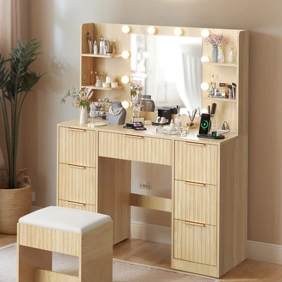 Fluted Makeup Vanity Desk with Mirror & Power Outlet & Drawers & Stool 4 Colors - Image 1 of 4