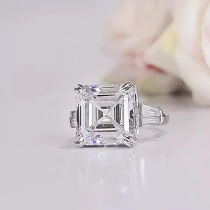 9.50 Ct EGL Certified Asscher Cut Off White Diamond 925 Sterling Silver Ring - Picture 1 of 4