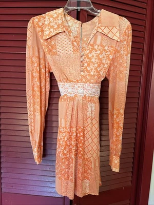 Vestido De Colección Años 60 70 Talla M Floral Mod Ligero Encaje Naranja Manga Larga Teñido Espalda Foto 1 de 4