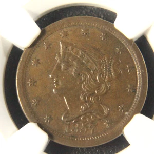 1857 Braided Hair Half Cent, NGC AU-55, C-1 - Picture 1 of 4