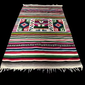 Vintage Aztec Indian Blanket Rug 50 x 78 Mexican Motif Red Black Yellow Green - Picture 1 of 2