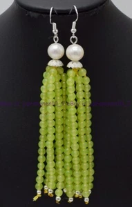 Natural New 4mm Apple Green Peridot Gems Beads Tassel 925 Silver Hook Earrings - Picture 1 of 12