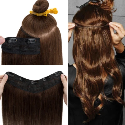 V Shape One Piece THICK Clip in Remy Human Hair Extensions 3/4 Full Head Weft US - Image 1 of 4