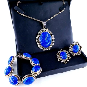 MEXICO 925 Vintage Sterling Silver Lapis Azurite Malachite SET Pendant Bracelet - Picture 1 of 22