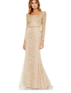 MAC DUGGAL 11187 EMBROIDERED APPLIQUE SHOULDER TRUMPET LIGHT GOLD GOWN sz 6 - Picture 1 of 6