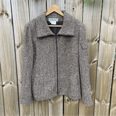 复古 Carlisle 粗花呢棕色羊毛夹克 16 码 — 第 1/4 张图片