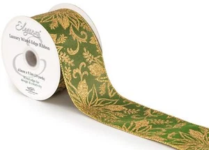 1m, 3m or 9m ~ 63mm Wired Edge Christmas Glitter Poinsettia Green/Gold Ribbon - Picture 1 of 1