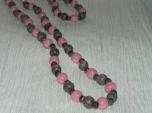 Vintage Carnation Pink Plastic Carved Wood & Ridged Metal Bead Necklace - 30 in - Picture 1 of 3