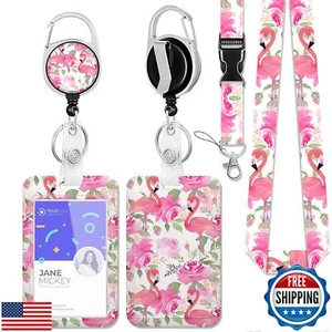 Pink Flamingo ID Badge Holder with Lanyard,Tropical Rose Flower Lanyards for  - Bild 1 von 5