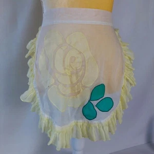 Vintage Half Apron White Yellow Ruffle Sheer 15.5" L 17" W Tie Back 29" L Ea - Picture 1 of 8