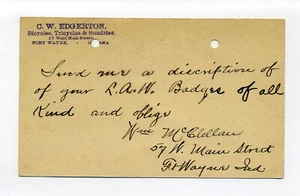 Postal de Fort Wayne en 1890, C.W. Edgerton 57 W Main St, bicicletas, triciclos - Imagen 1 de 2