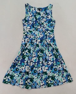 Lands' End Women's Dress Size XS 2-4 Blue Floral Print Stretch Knit Fit & Flare - Picture 1 of 16