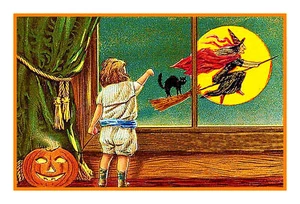 Victorian Halloween #8 Witch Moon Boy Cat Counted Cross Stitch Pattern - Picture 1 of 4