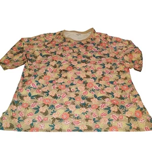 Lands End Size 2X 3/4 Sleeve Tan Pink Floral Cotton Stretch Top FLAW - Picture 1 of 8