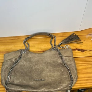 Michael Kors Shoulder Bag Chain Detail Taupe Leather Tassel MK Charm Designer - Picture 1 of 11