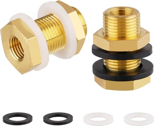 2-Pack Solid Brass Bulkhead Fittings 1/4 NPT Taper Female 3/4" Straight Male - Picture 1 of 11