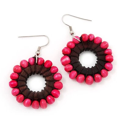 Pink Wood Bead Hoop Drop Earrings (Silver Tone Metal) - 5.5cm Drop - Image 1 of 4
