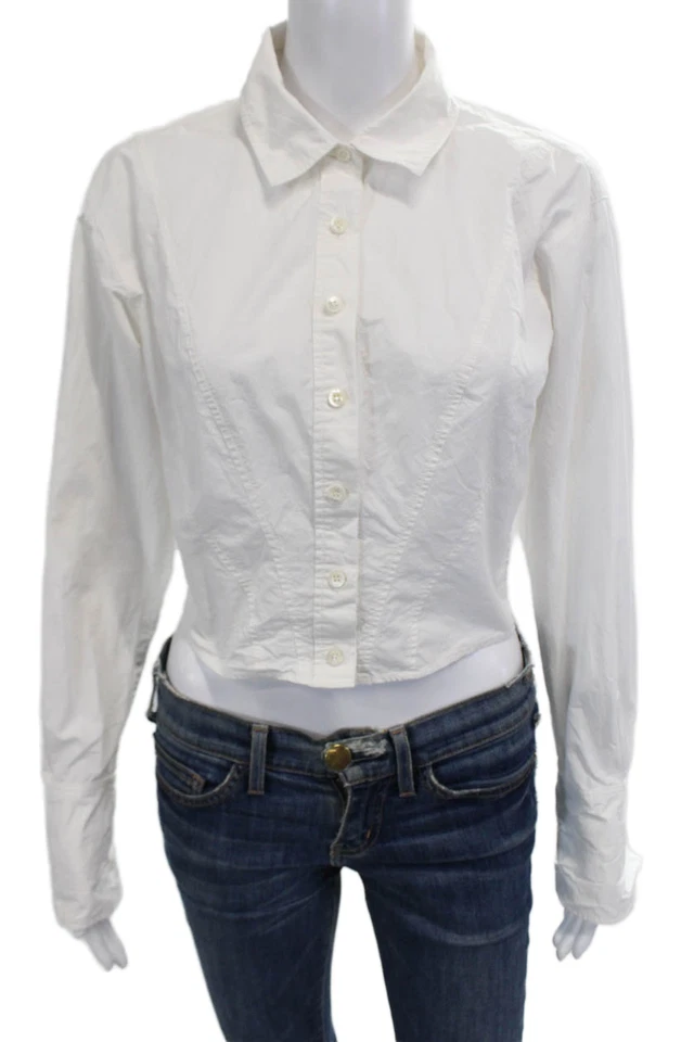Marco Mujer Recortado Cuello Abotonado Manga Larga Blanco Algodón Orgánico Talla M Foto 1 de 4