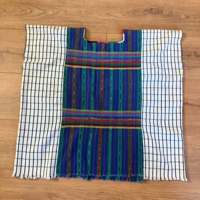 Blusa Huipil guatemalteca vintage azul a rayas tejida a mano algodón flecos dobladillo Foto 1 de 4