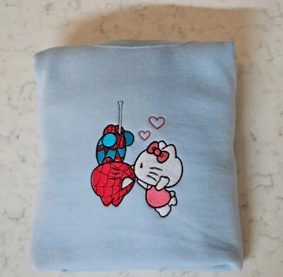 Hello Kitty  Spider-Man Kiss Embroidered Crewneck Sweatshirt *SAME DAY SHIPPING* - Image 1 of 4