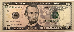 "US $5 Bill" 2013 Federal Reserve Star* Note Green Seal - Circulated 😃 - Picture 1 of 2