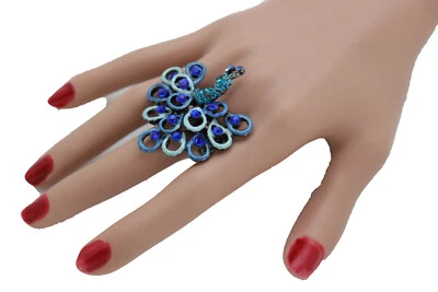 Divertido Anillo de Metal para Mujer Moda Elástico Cómodo Banda Pavo Real Pájaro Plumas Azul Foto 1 de 4