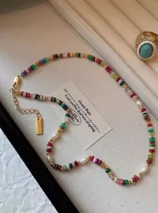 Natural stone freshwater pearl colored glass necklace - Picture 1 of 3