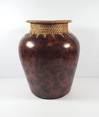 Terracotta & Woven Rattan Vase Rustic Boho Jug Wicker Woven Top Brown Tones 9"H - Image 1 of 4