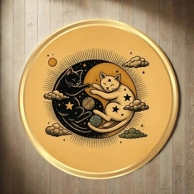 Cat Round Rug, Yin Yang Mat, Moon Star Carpet, Boho Cat Decor, Mystical Floor - Image 1 of 4