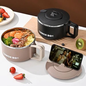 Stainless Steel Instant Noodles Bowl w/Sealing Lid Soup Thermal Mug Phone Holder - Picture 1 of 15