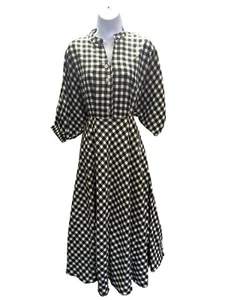 CCC Vintage Black White Gingham Checkered Midi Dress Button Front Elastic Cuffs - Picture 1 of 8