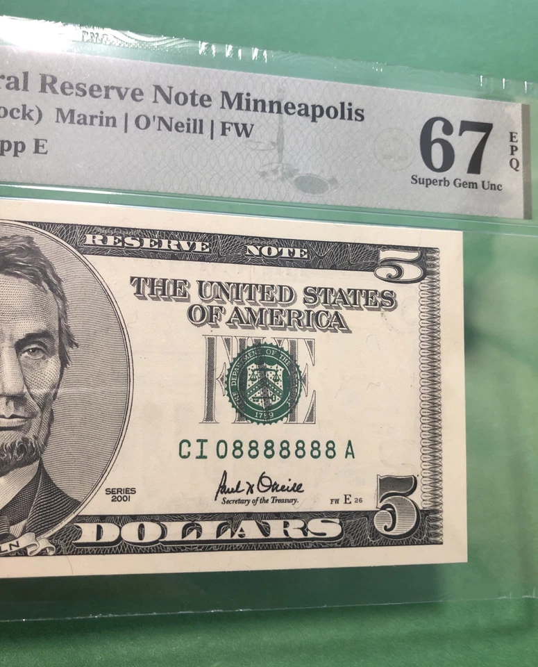 Super Rare Rich !!2001 $5 dollar Binary Almost Solid # Number 08888888 PMG#67 - Image 1 of 3