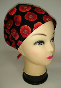 Remembrance Red Poppies 100% Cotton Tie-Back Euro Style Scrub Hat/Cap Medical
