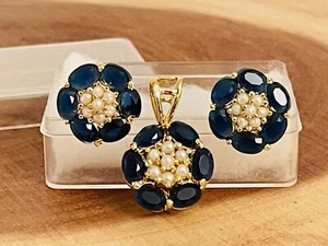 vintage Gemstone Faux Black Gemstone Pearl Gold Plated Pendant Earring Set - Picture 1 of 5