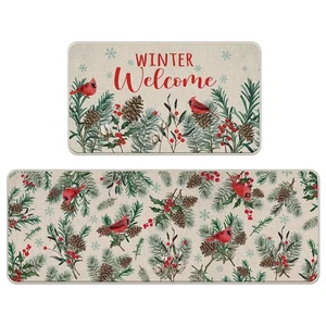 Winter Welcome Cardinal Kitchen Rugs Set of 2, Red Birds Pine Cone Pine Needl... - Picture 1 of 6