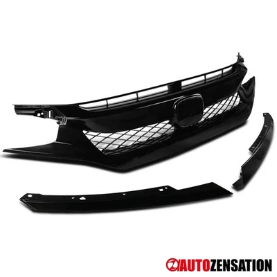 Fit 2016-2018 Honda Civic Glossy Black Type R Style Mesh Front Bumper Hood Grill Foto 1 de 4