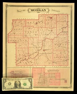 ca 1876 MORGAN COUNTY Indiana Map Martinsville Mooresville Brooklyn Atlas - Picture 1 of 12