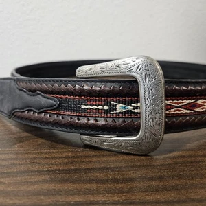 CINTURA TONY LAMA TAGLIA 44 BORDO ALLACCIATO PELO DI CAVALLO PELLE CORTECCIA INVECCHIATA TESSUTO AZTECO 5A103 - Foto 1 di 6